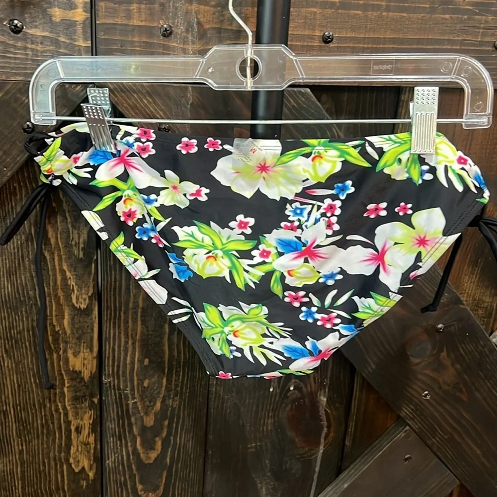 2 Piece Tankini Swim Suit M Black Floral Tropical Tummy Cover 2pc. Full Coverage